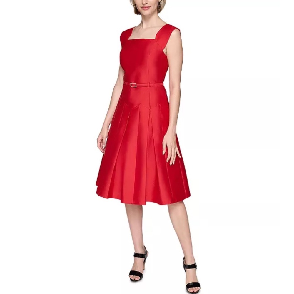 Karl Lagerfeld Paris Red Pleated Midi Dress Square Neck Size 6 NWT